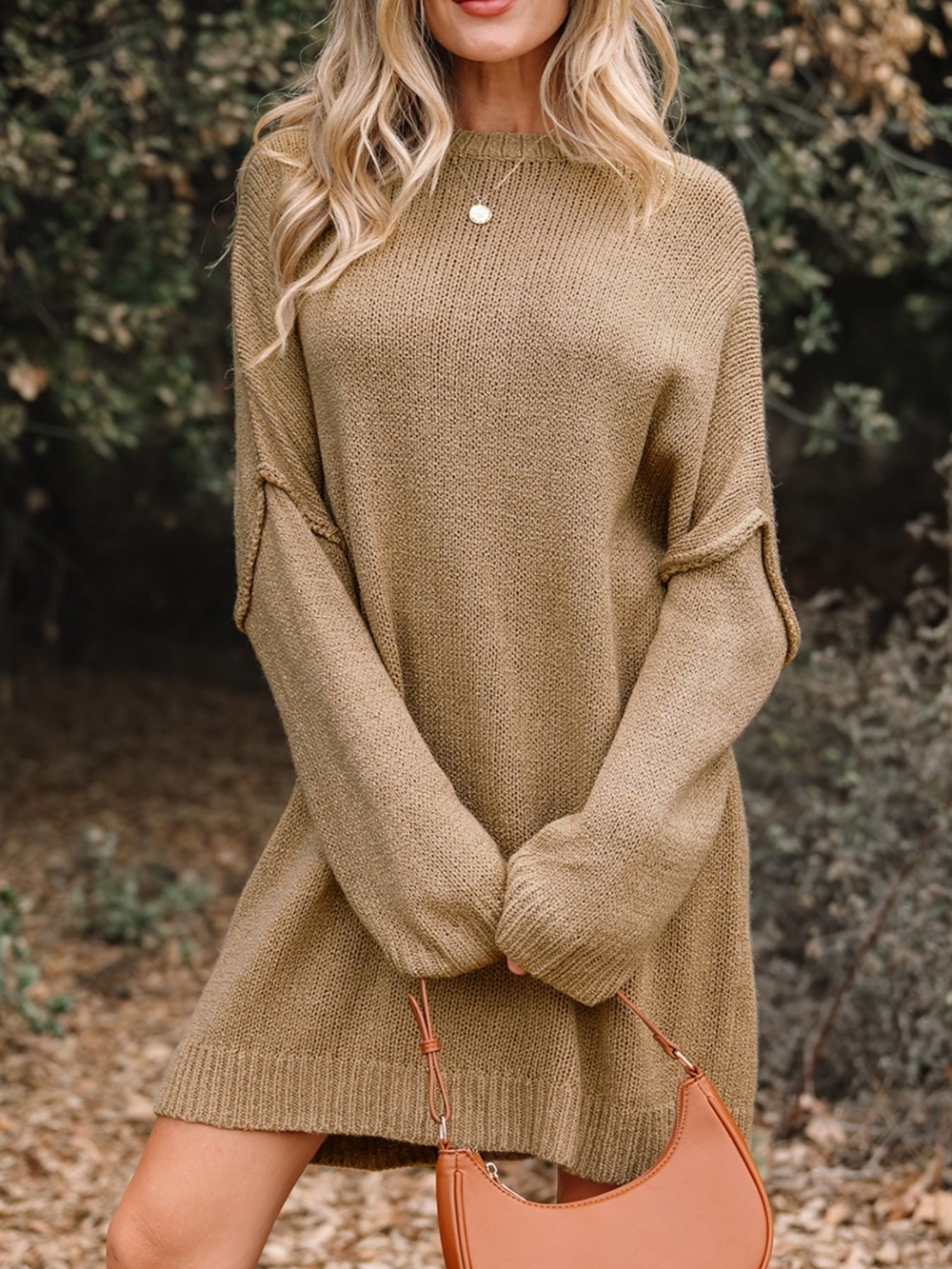 Cozy Oversized Tan Knit Sweater Dress